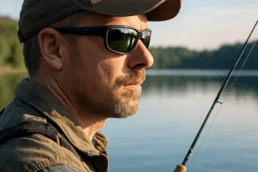 Angler mit polbrille am see