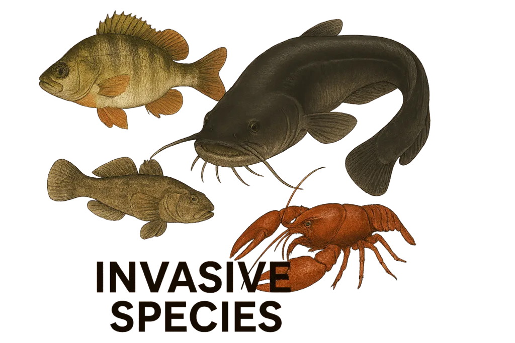 Zeigt das aussehen der beschriebenen invasiven süßwasser fischarten Invasive Süßwasser Fische, das Bild zeigt 4 Arten, den Sonnenbarsch mit typischer Rückenflosse, europäischer Wels, Schwarzmundgrundel und den Signalkrebs